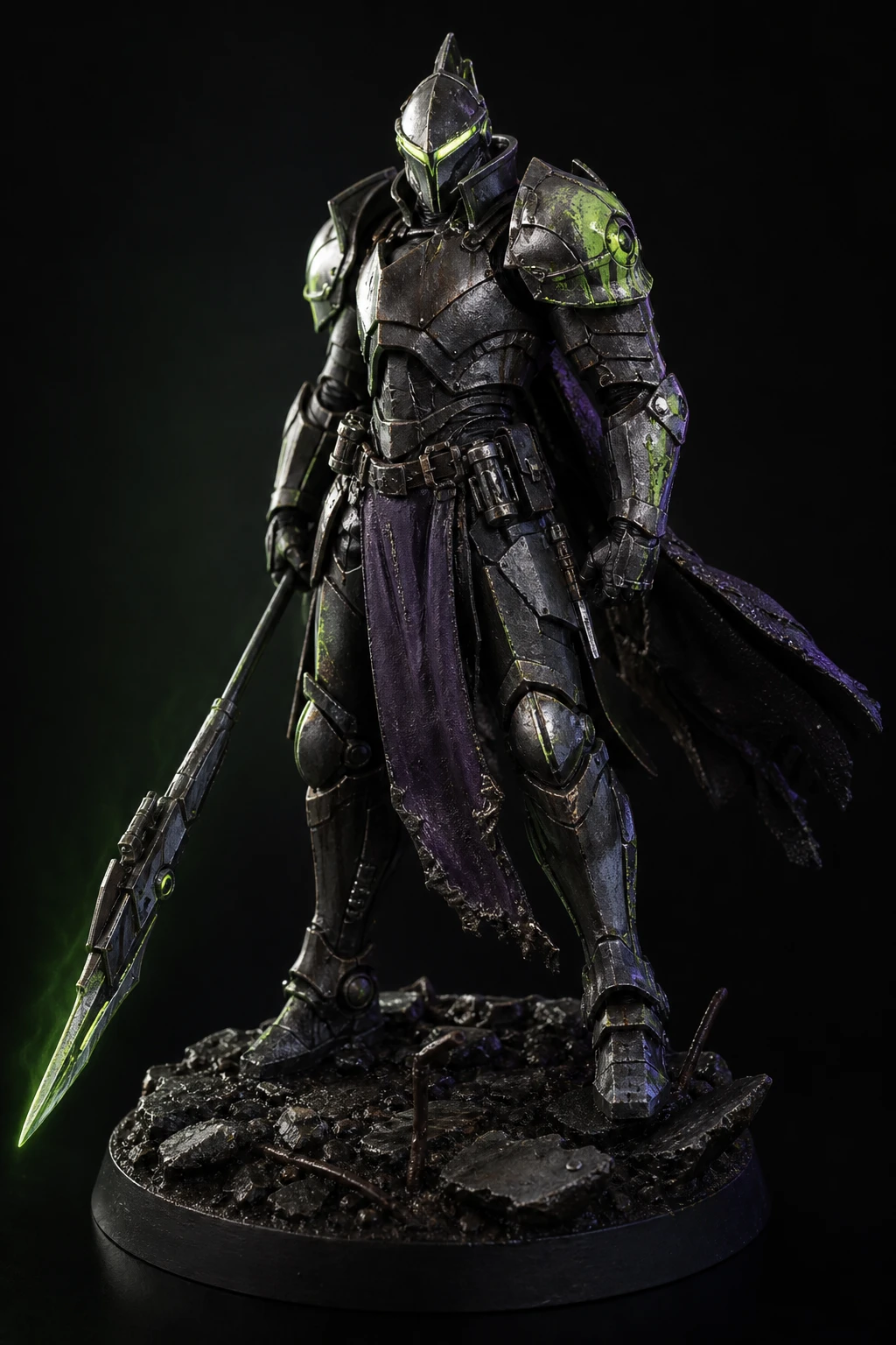 AI concept artwork of an original armored science-fiction miniature on a rubble base, with an acid-green visor, weathered metal armor and violet tabard.